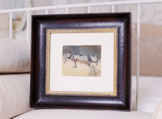 Muzeální rámování obrazu na papíře Jiří Trnka Krajina do zakázkového rámu, muzeální pasparty a UV skla